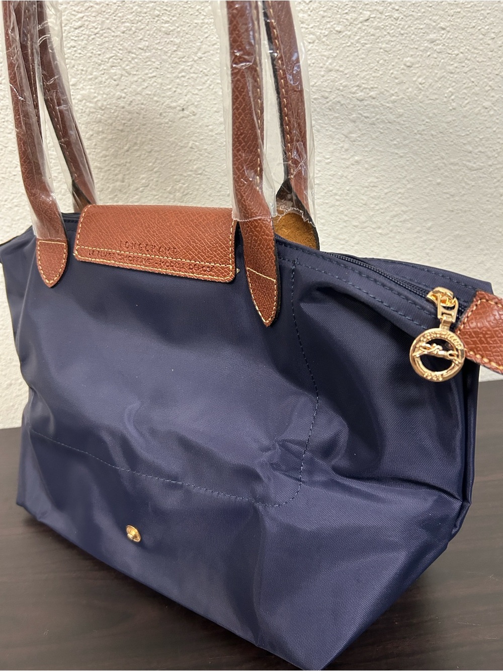 Longchamp Navy with Brown Leather Le Pliage Small Tote - Picture 5 of 6